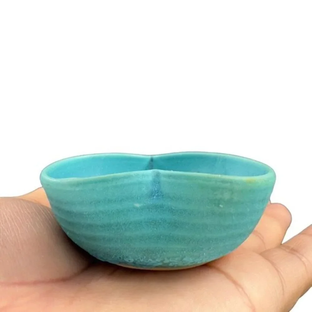 Hand Crafted Studio Pottery Crystalline Blue Heart Shaped Small Dish Bowl Green‎